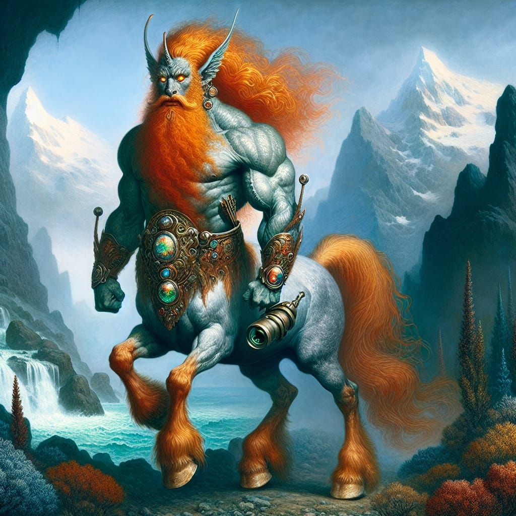 Muscled Centaur Warrior with Laser Cannon in Tundra Landscap...