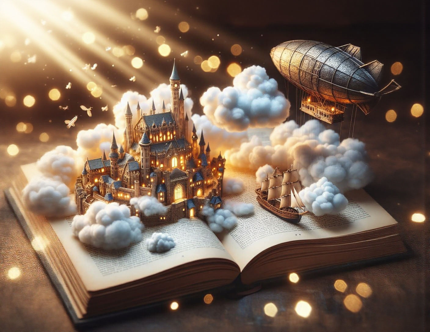 Steampunk Cloud Village Emerging from Book