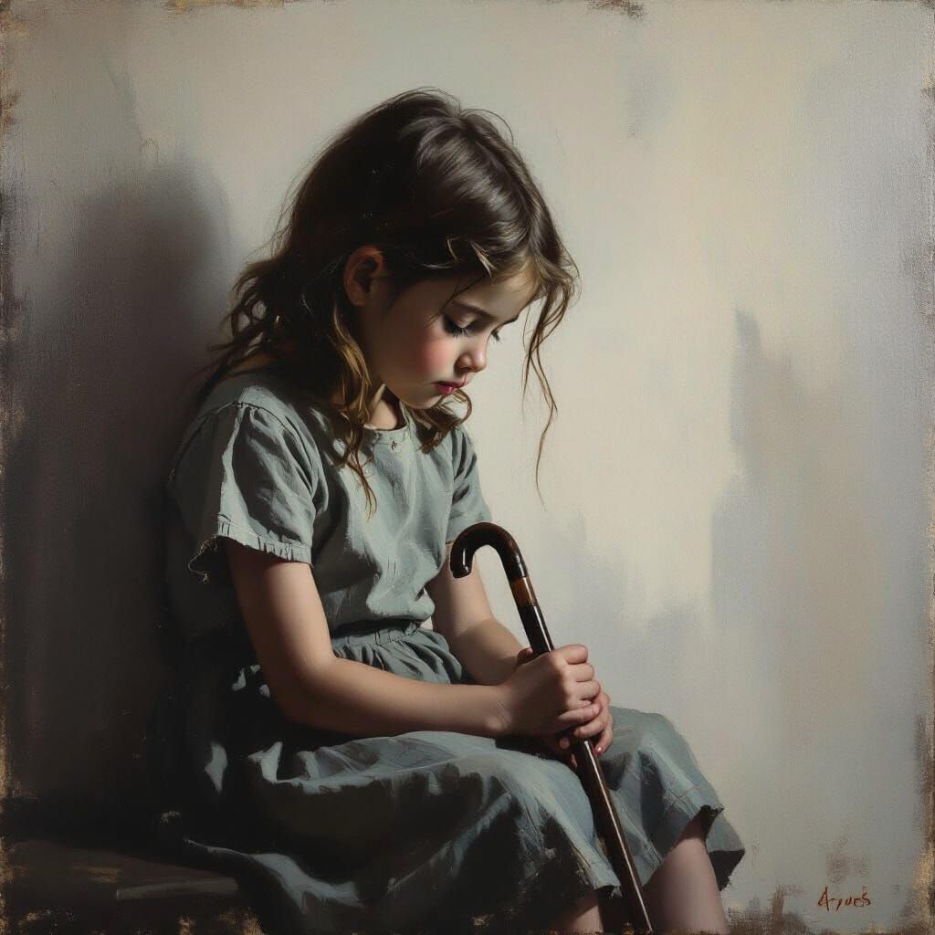 Sad Girl with Cane in Muted Oil Painting Style