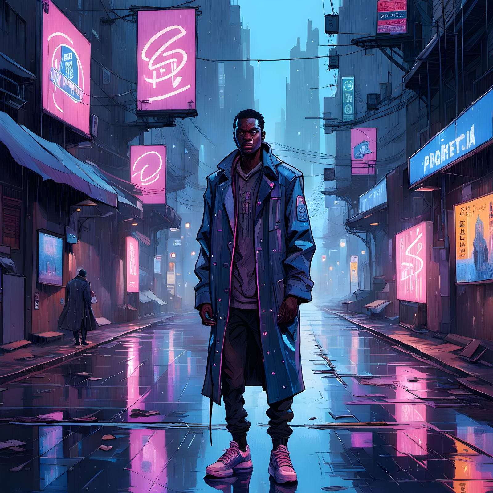 Neo-Noir Cyberpunk Cityscape with Young African Hero
