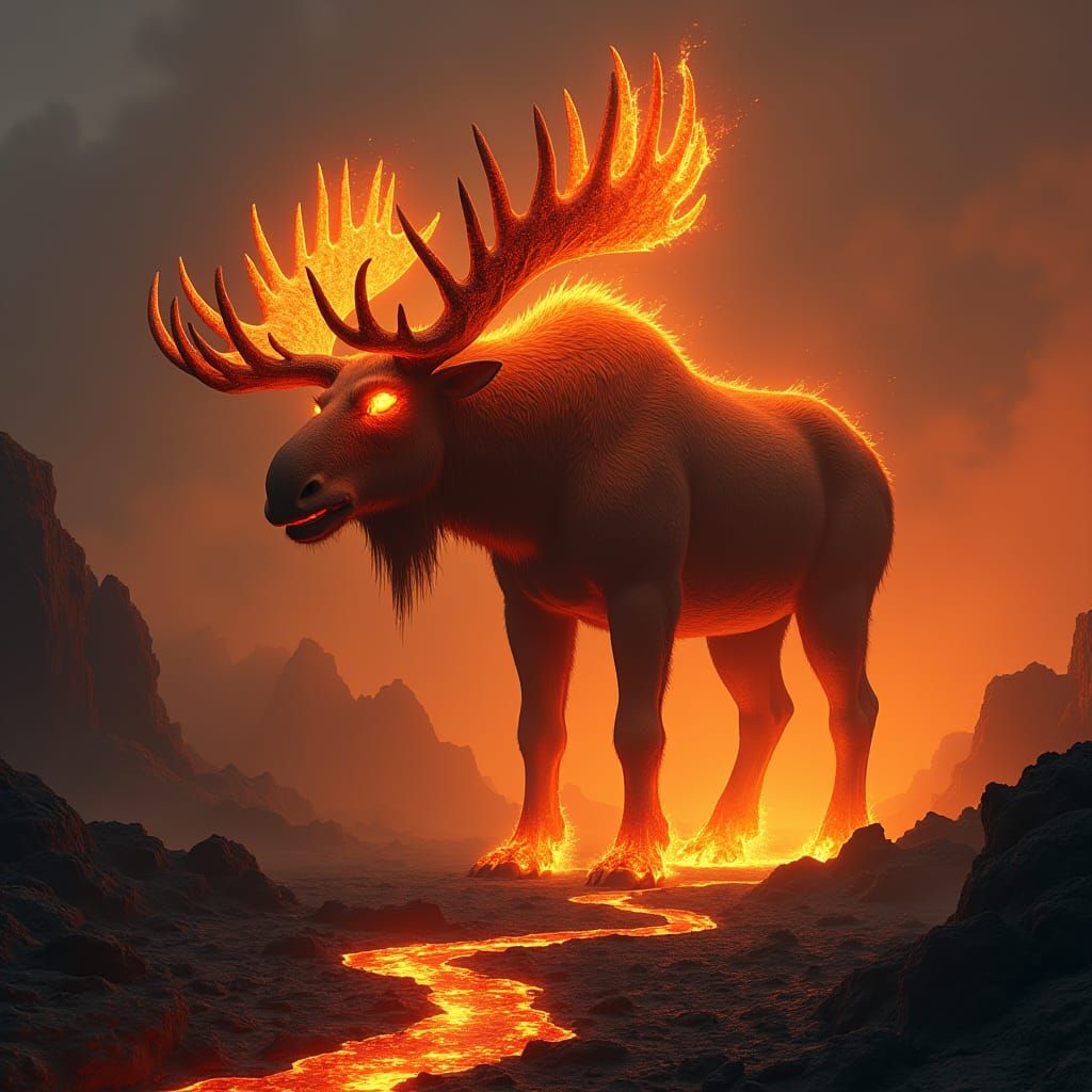 Fiery Moose Creature in Volcanic Wasteland