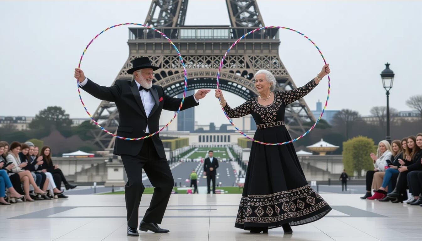 Elderly Couple Hoop Dancing Near Eiffel Tower