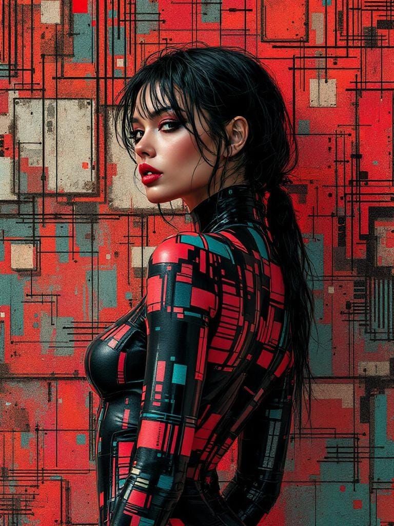 Cyberpunk Woman Blends Into Geometric Wall Art