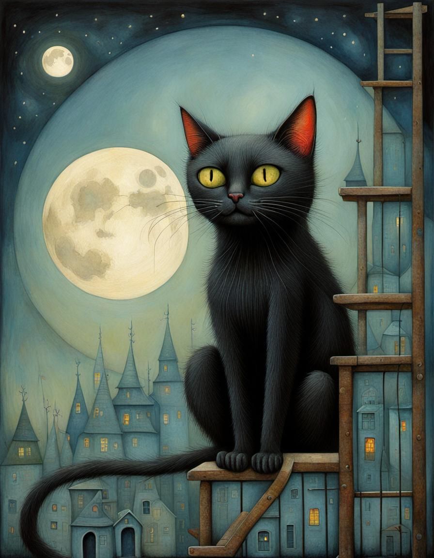 Whimsical Black Cat Under Ladder in Fantasy Art