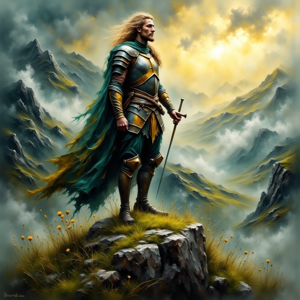 Epic Celtic Warrior Rises Above the Misty Mountains in Cyber...