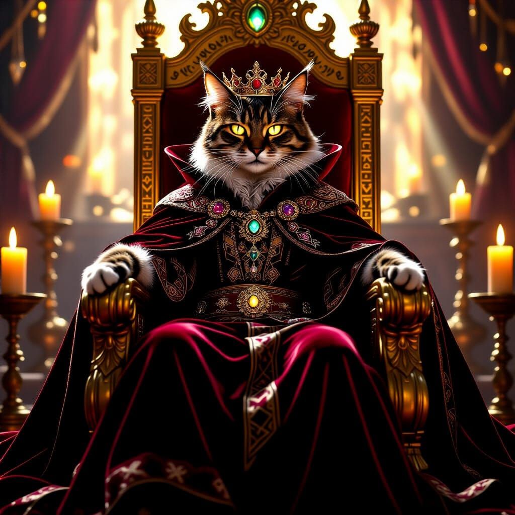 Royal Cat on Golden Throne in Fantasy Style