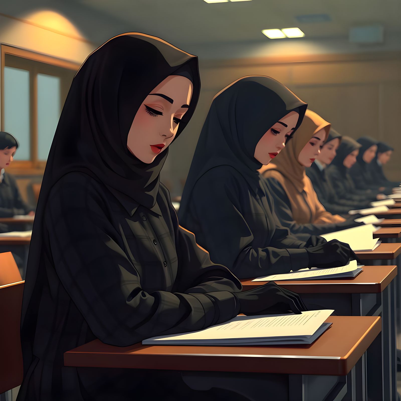 Serene Victorian Scholars in Dimly Lit Study