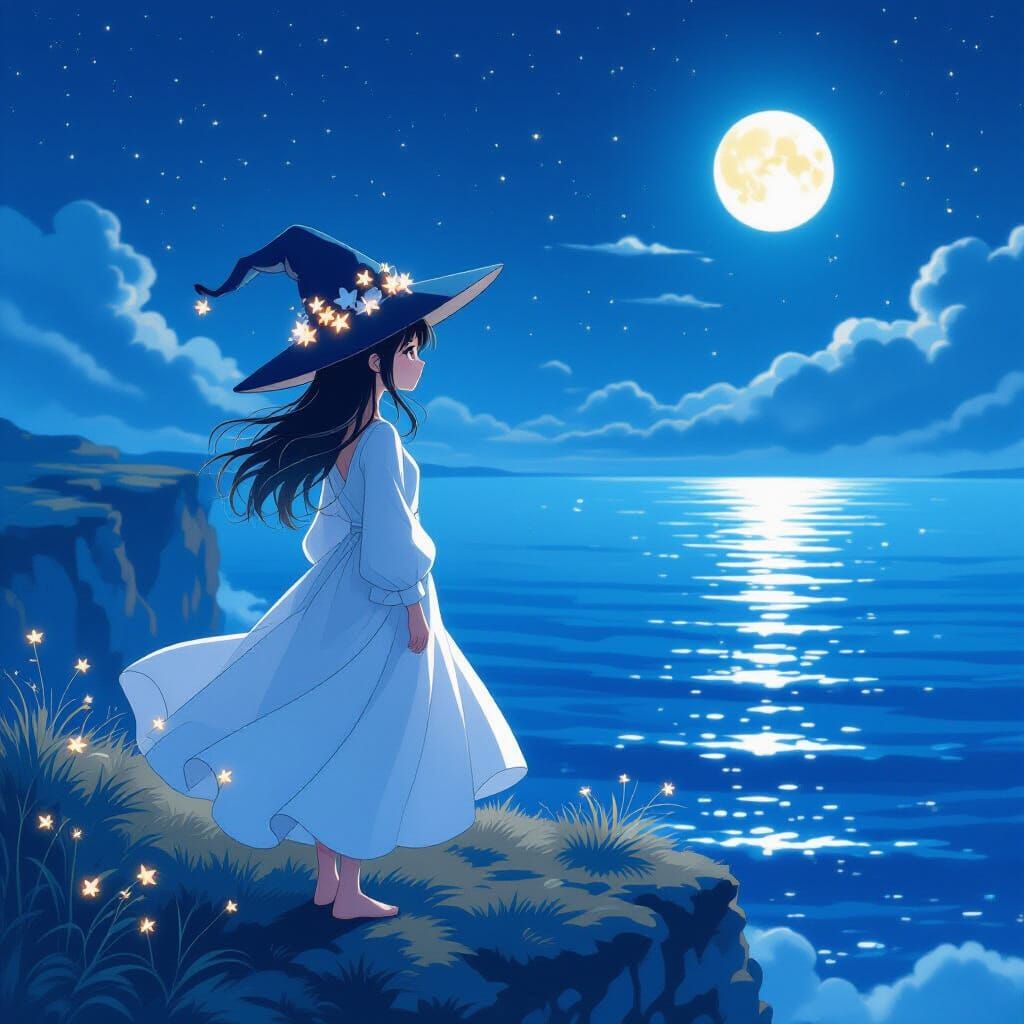 Anime Girl on Cliff Overlooking Starlit Ocean