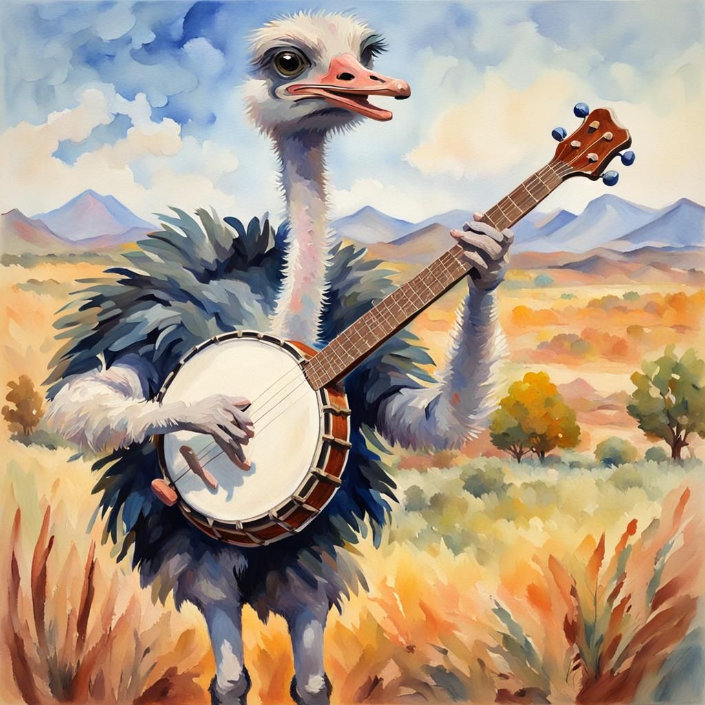 Ostrich Plays Banjo: Gouache Watercolor Masterpiece