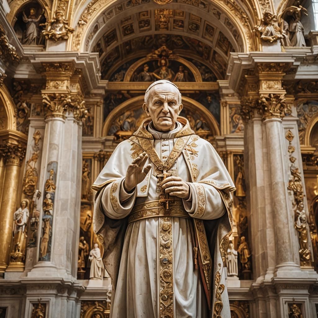 Baroque Church Interior with Pope John Paul II Statue