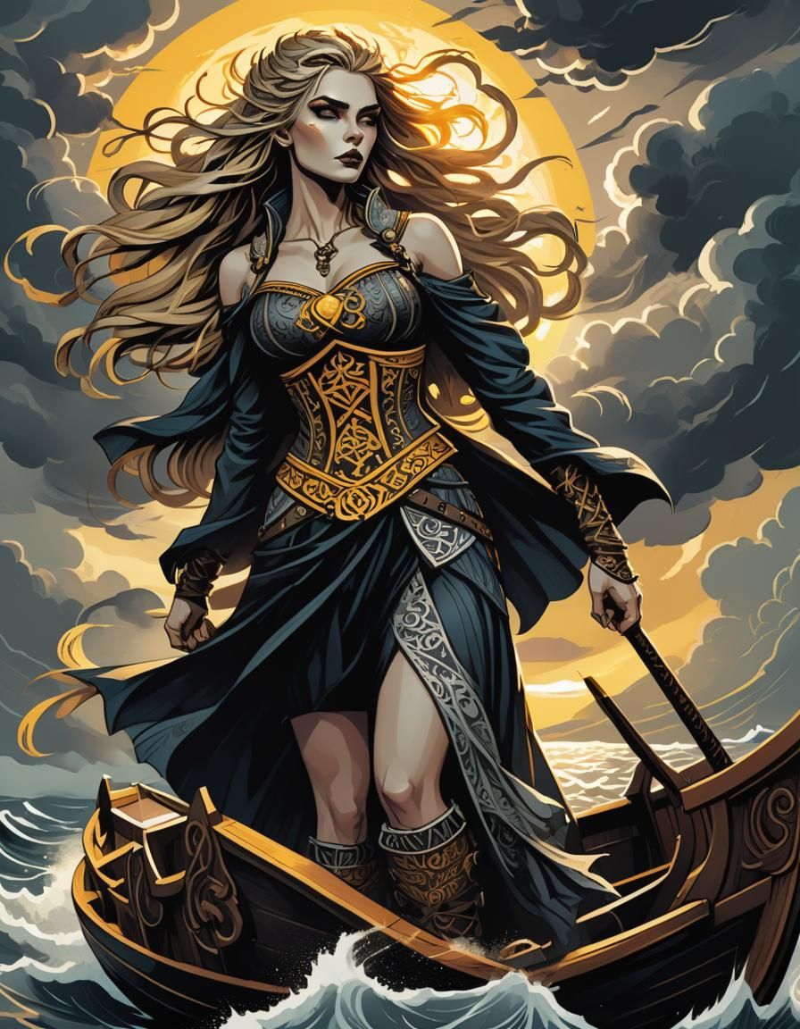 Comic scene, beautiful attractive alluring Gothic viking gir...