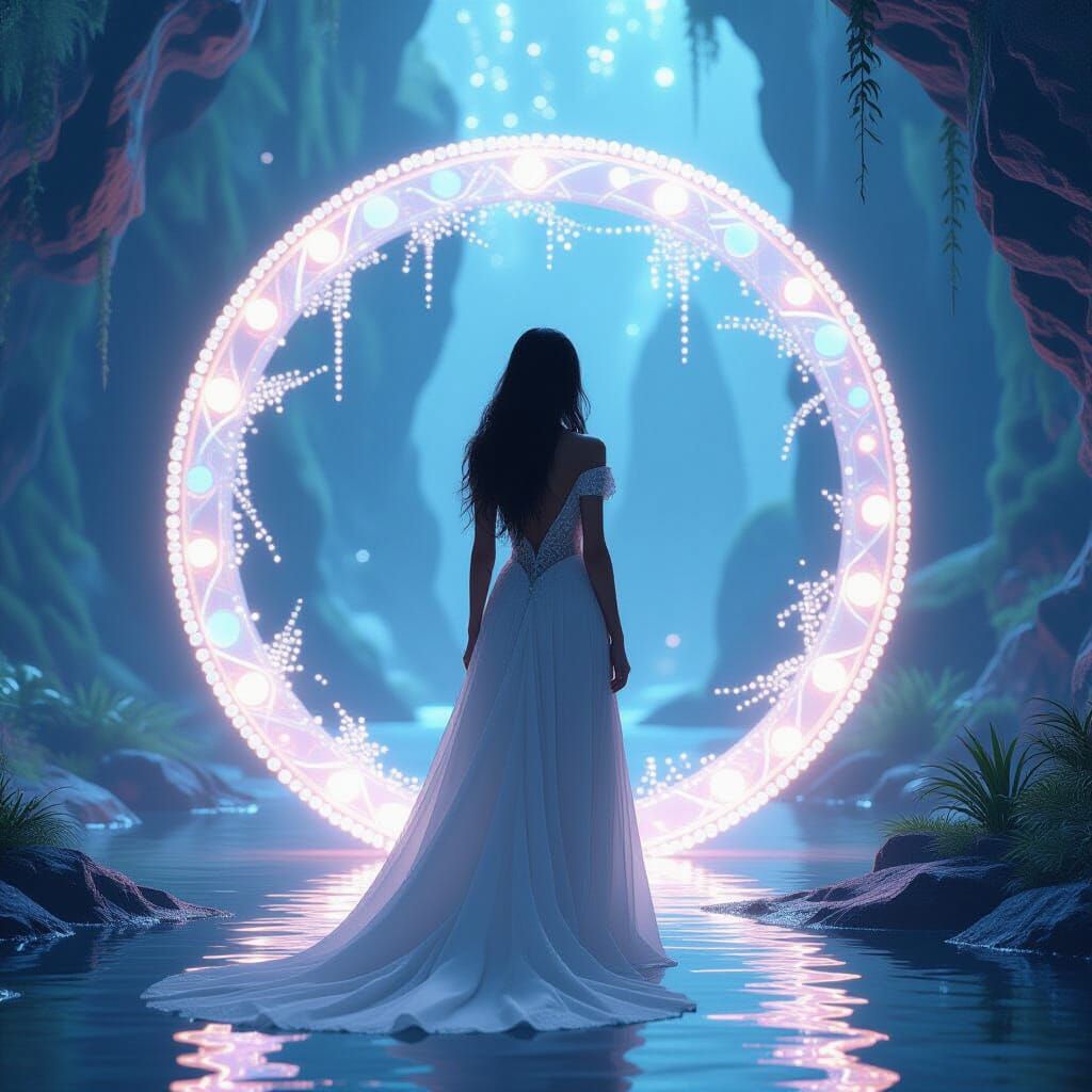 Woman at Iridescent Portal in Dreamlike Setting