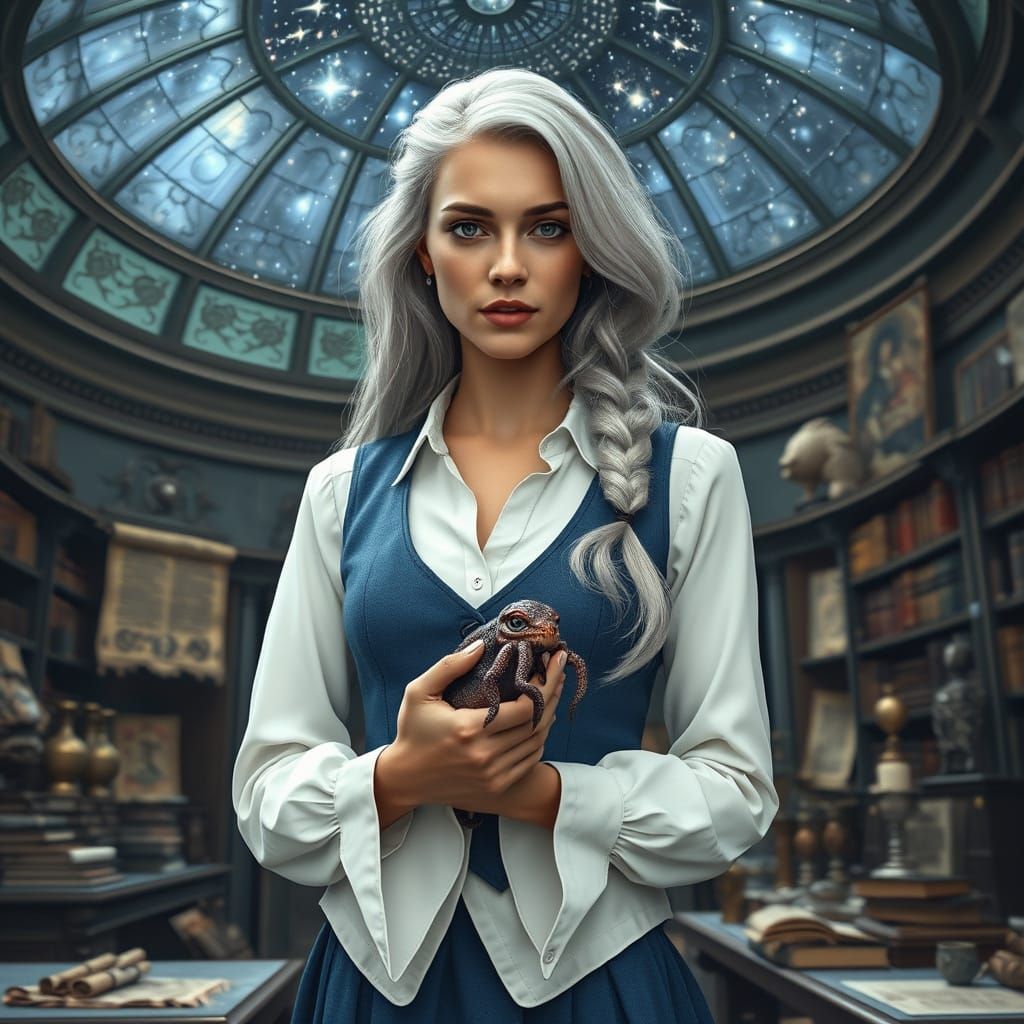 Ethereal Fantasy Maiden with Tentacled Companion in Starry A...