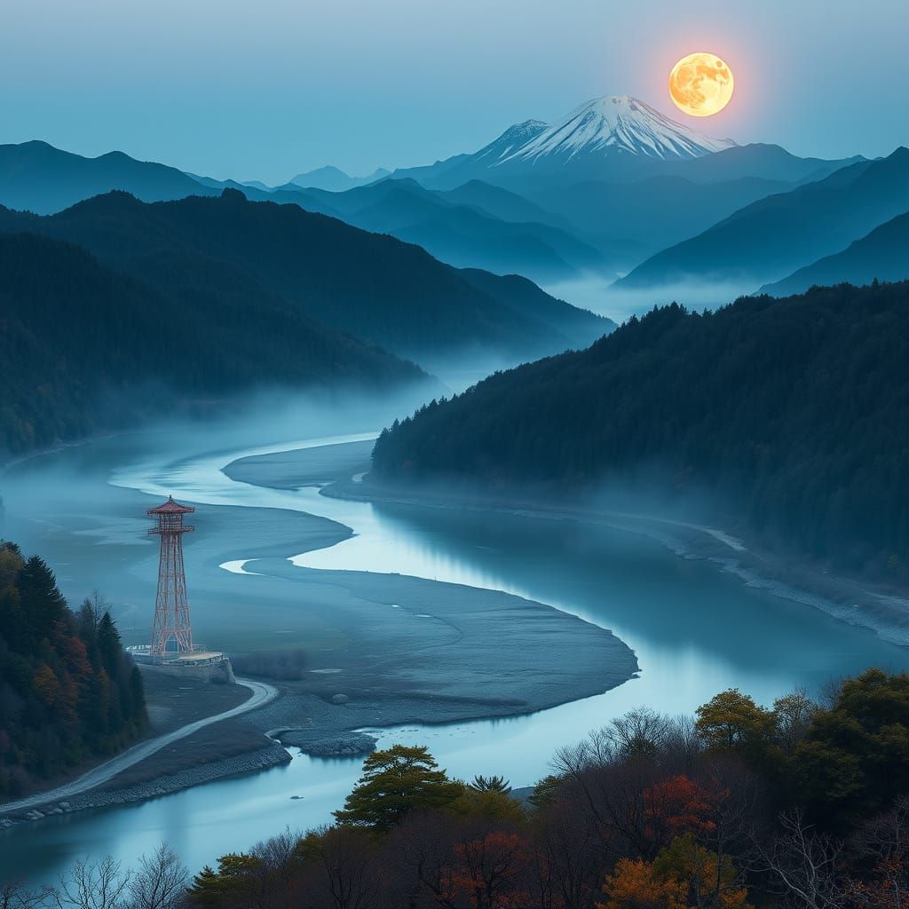 Moonlit Japanese Mountain Landscape in Sesshu Style