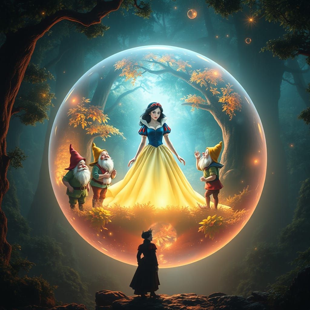 Magical Scene with Snow White and the Seven Dwarfs in a Lumi...