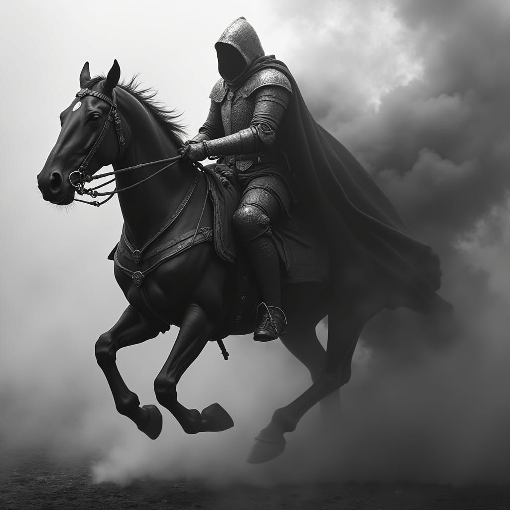Black and white art of a hooded knight riding his horse in full gallop