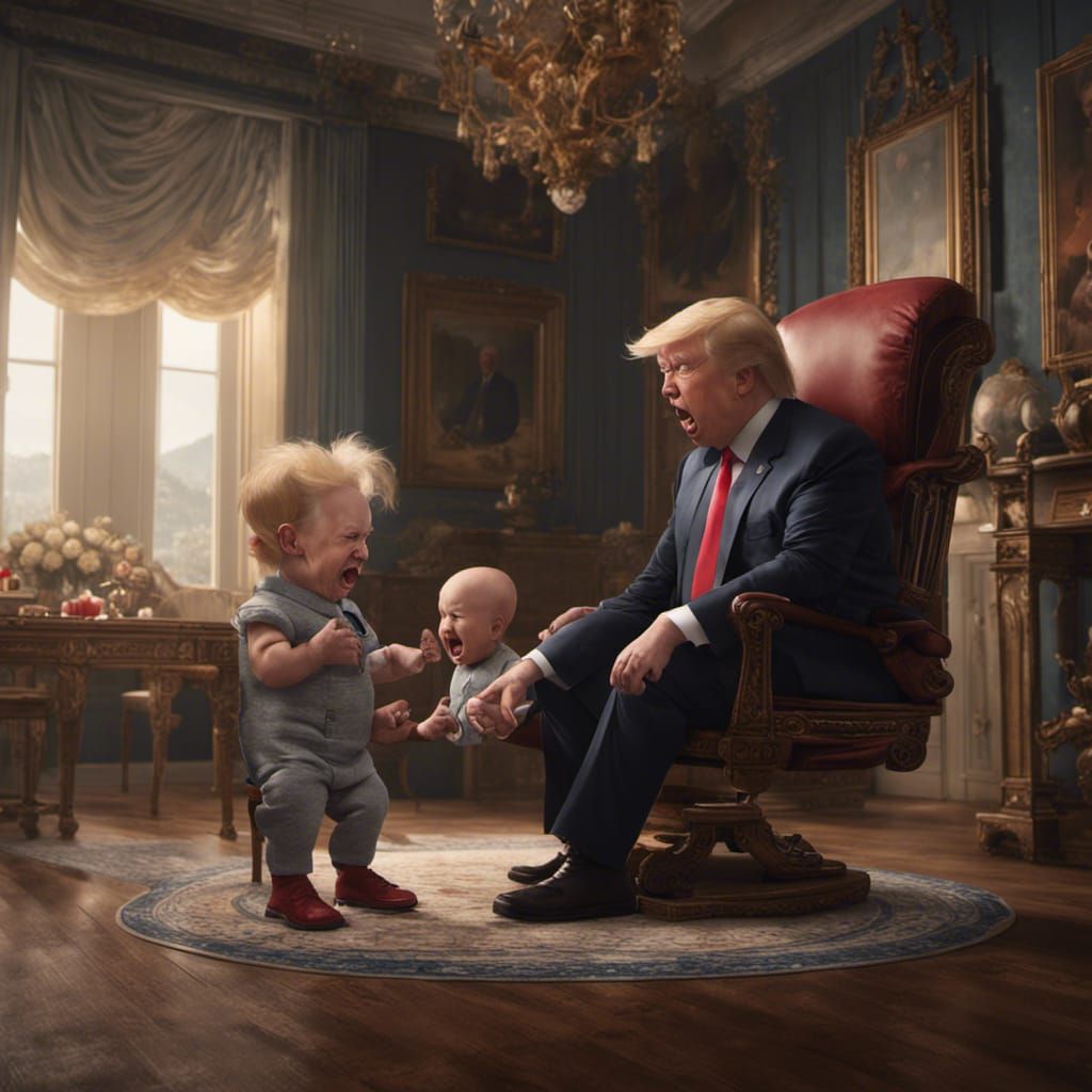trump yelling at  a crying baby in a high chair