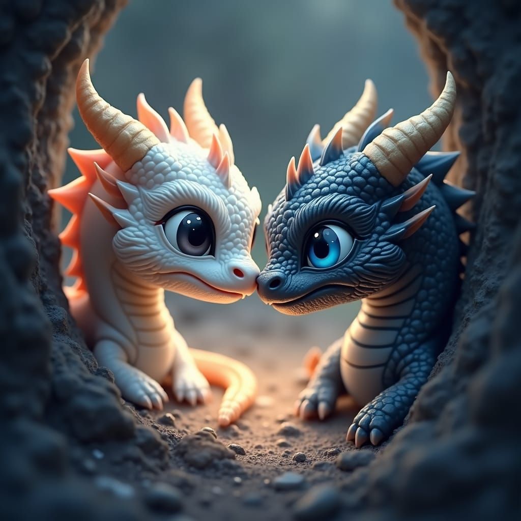 Chibi Dragons Intensely Gazing: A Detailed Matte Painting