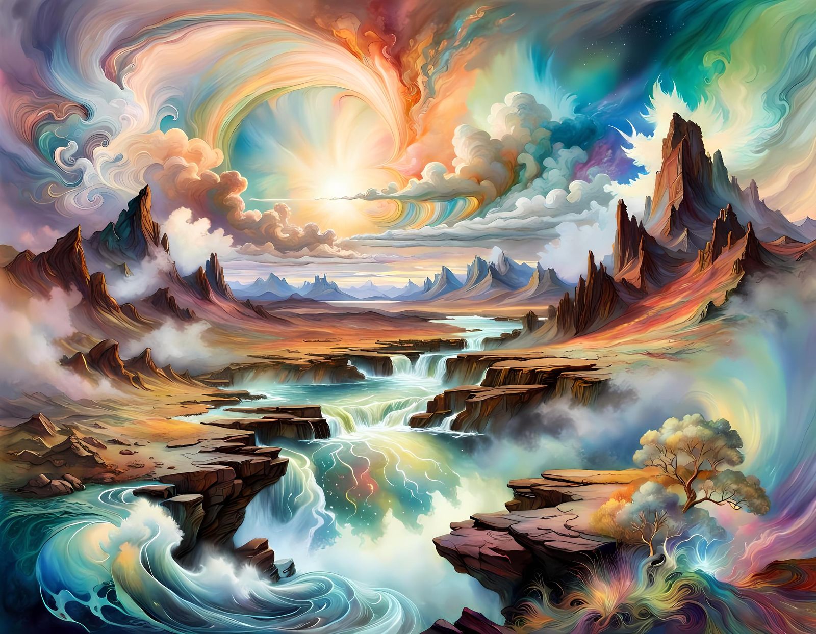 Ethereal Landscape with Iridescent Clouds in Watercolor