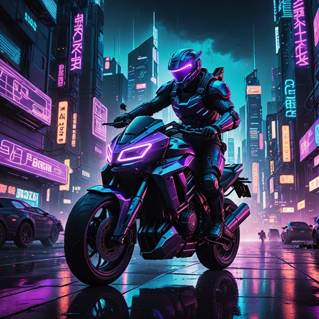 Cyberpunk Warrior Rides Neon Motorcycle Across Futuristic Ci...