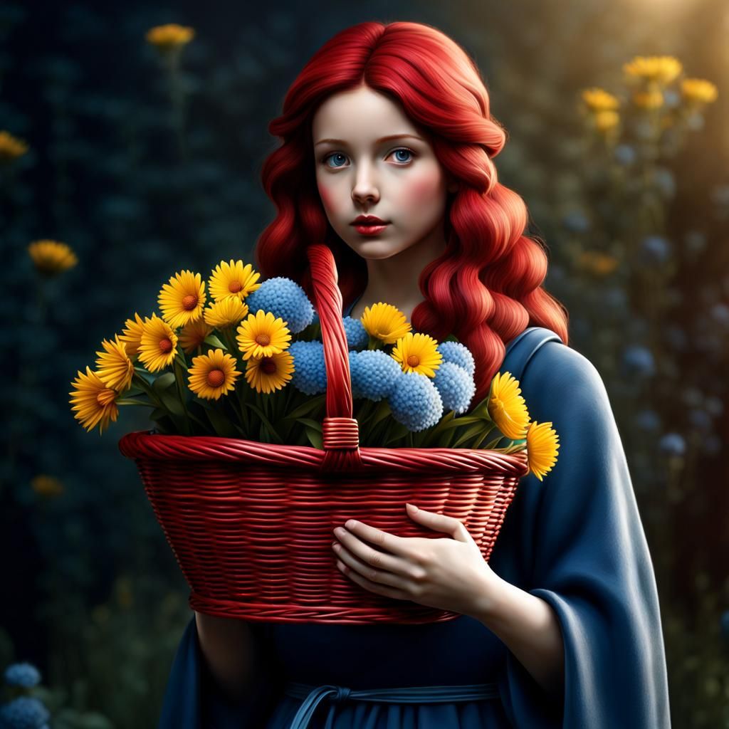 Girl with Flower Basket in Monochromatic Style