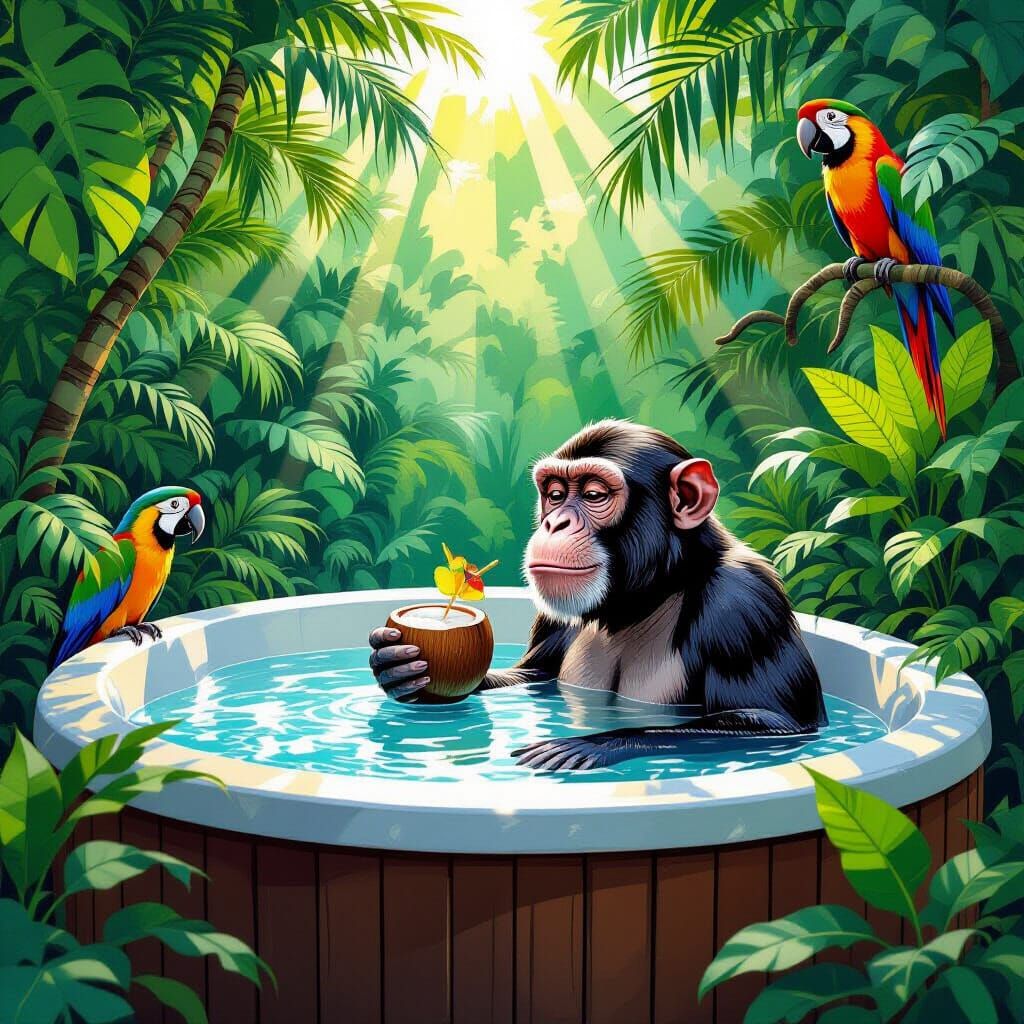 Monkey Enjoys Hot Tub in Cubist-Classicism Fusion