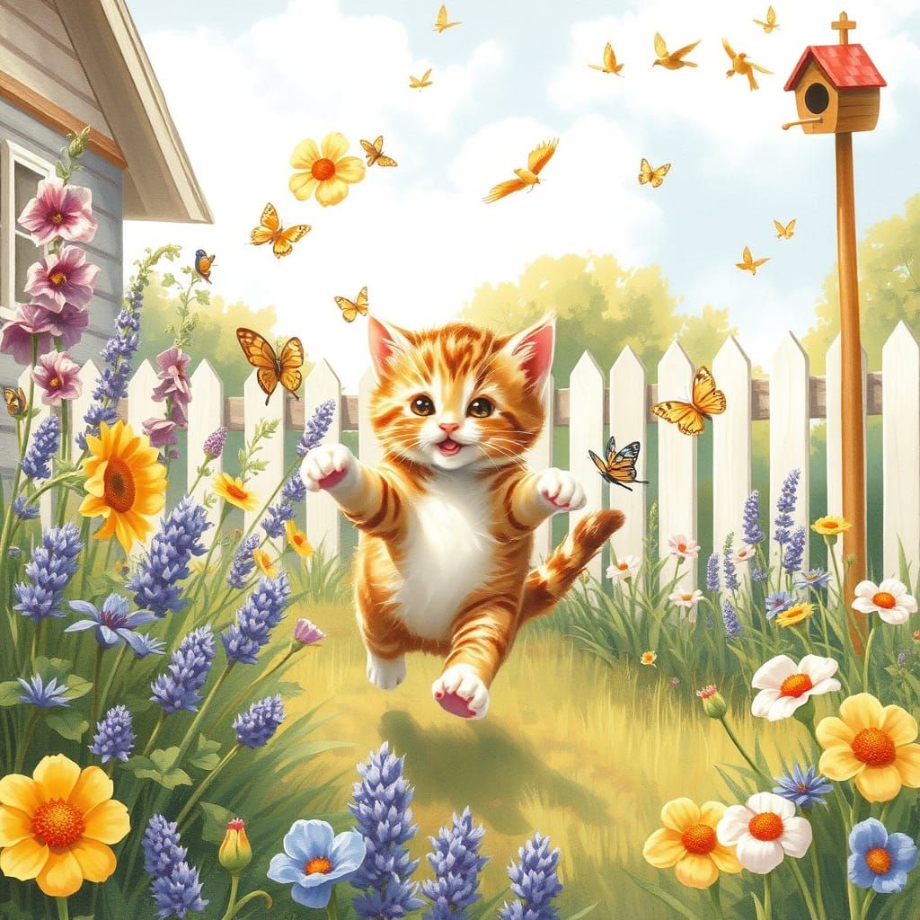Kitten's Whimsical Garden: A Sunny Afternoon
