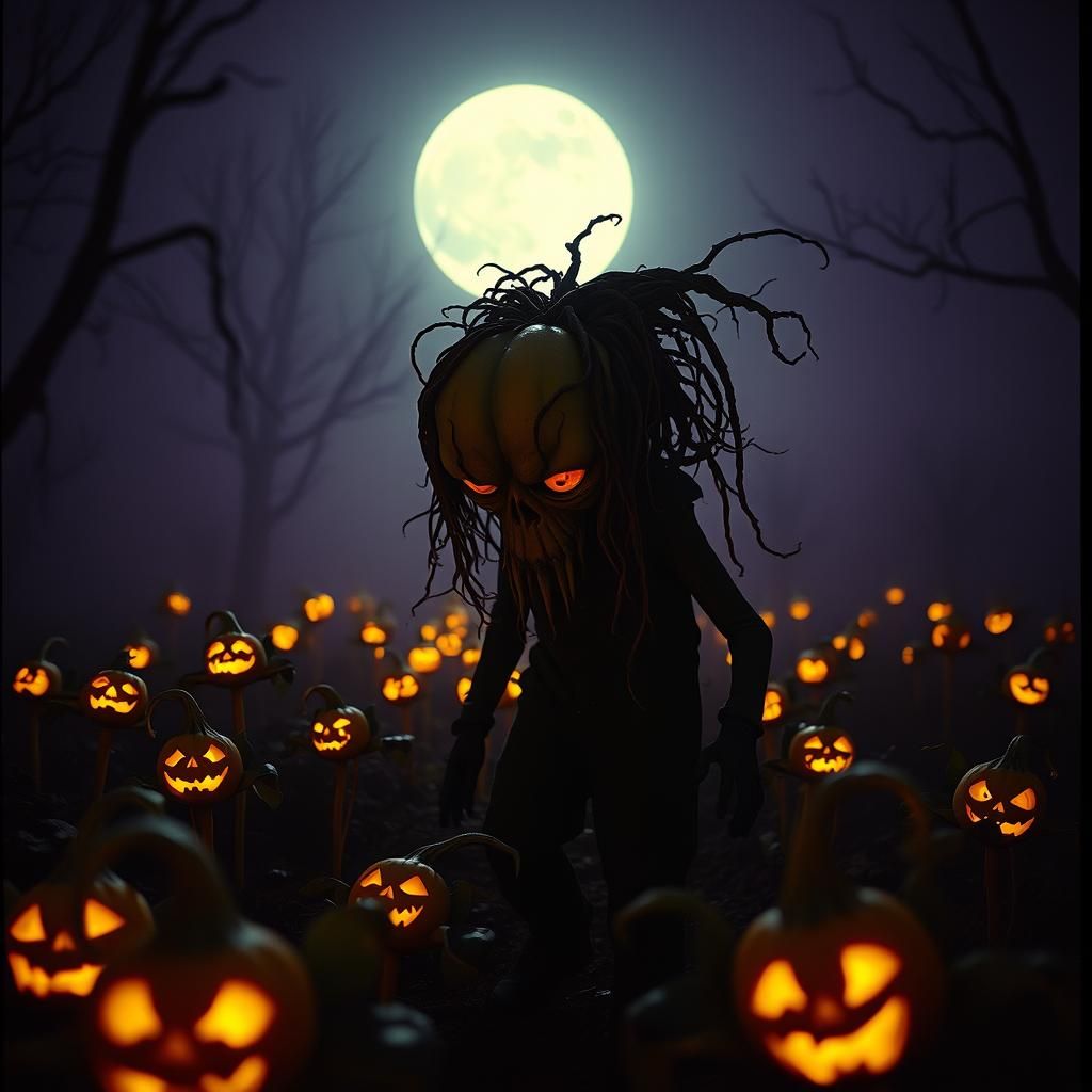 Grotesque Gourd Gardener in Eerie Halloween Garden