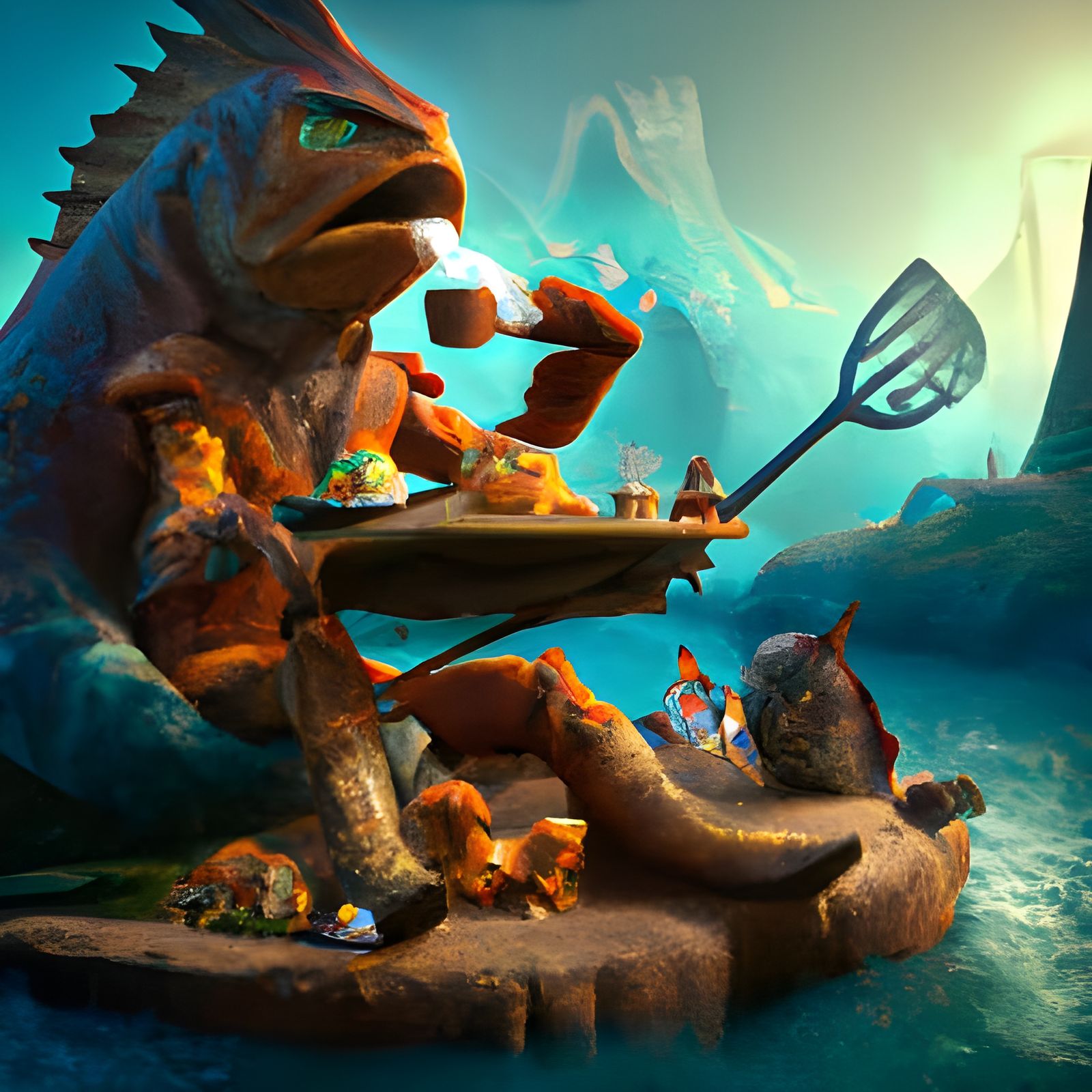 eating fish and drinking coffee