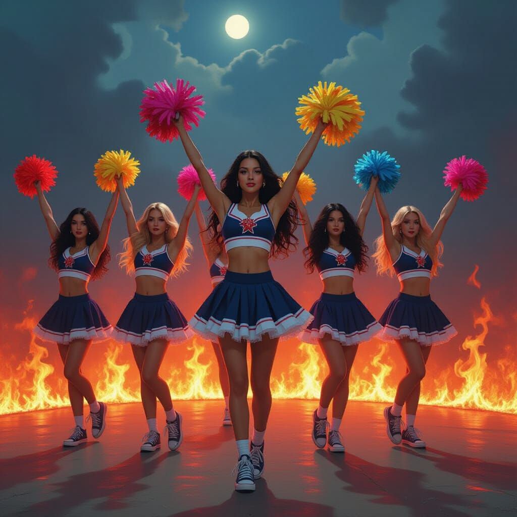 Hellish Cheerleaders Dance in Surreal Landscape
