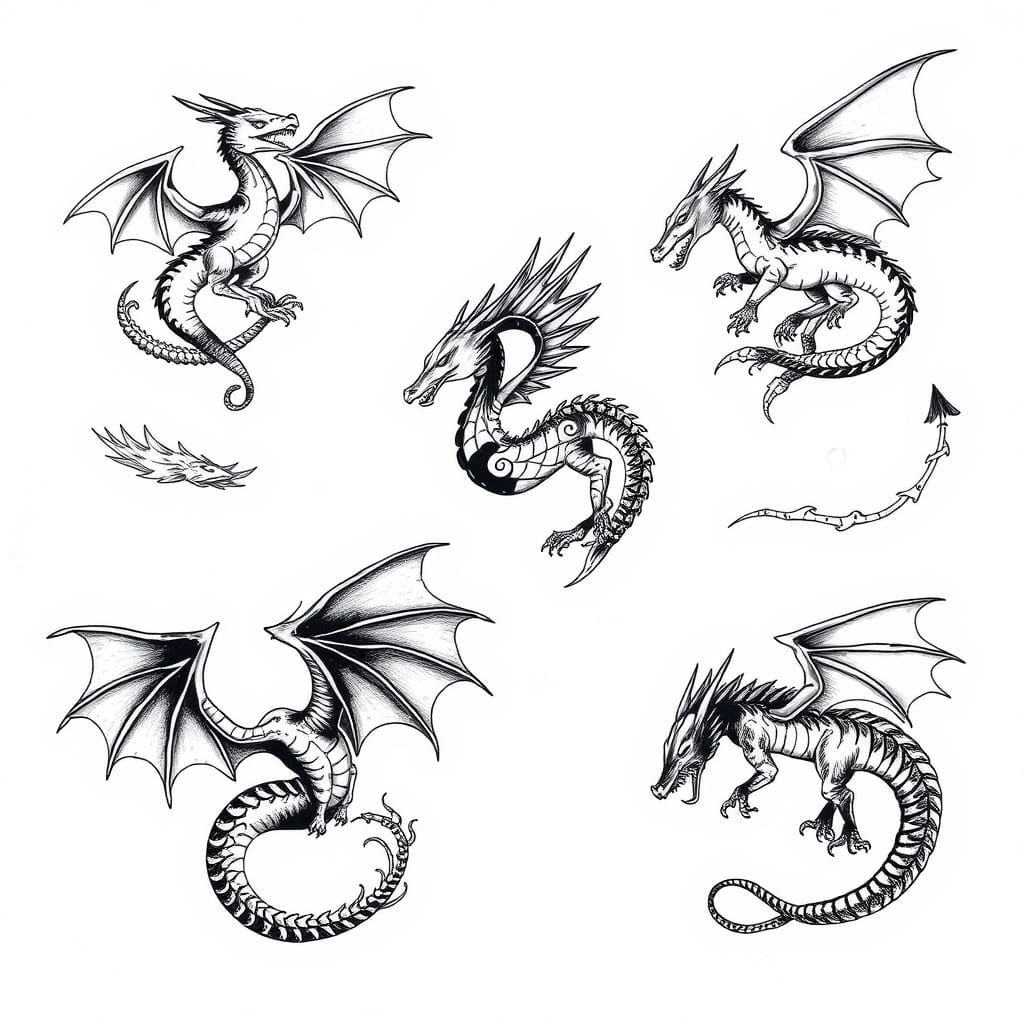 Dragon Blackwork Tattoo Flash Sheet