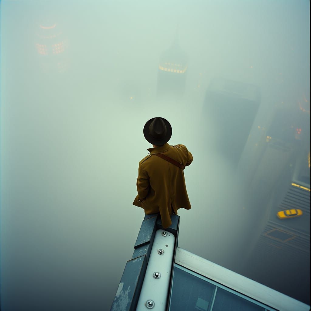 Misty Skyscraper Edge: Lone Figure in Cinematic Style