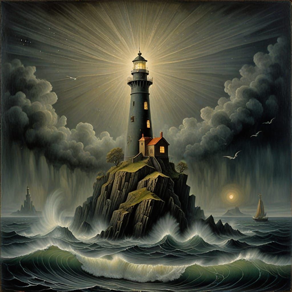 Mystical Lighthouse on Obsidian Island Under Starry Sky