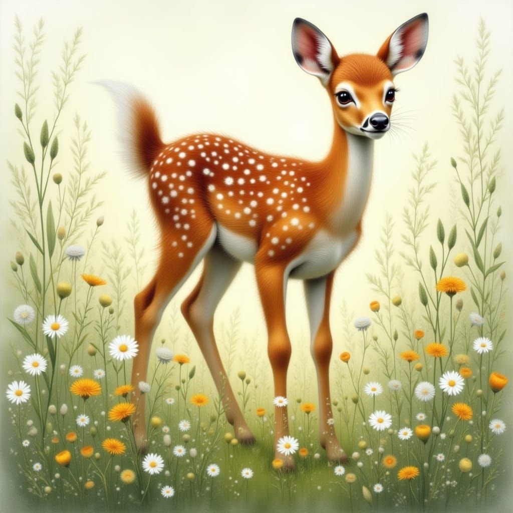 Cute Fawn in Meadow Painting