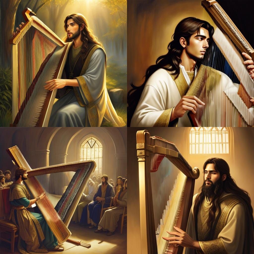 Biblical David Playing Harp in Watercolor Style
