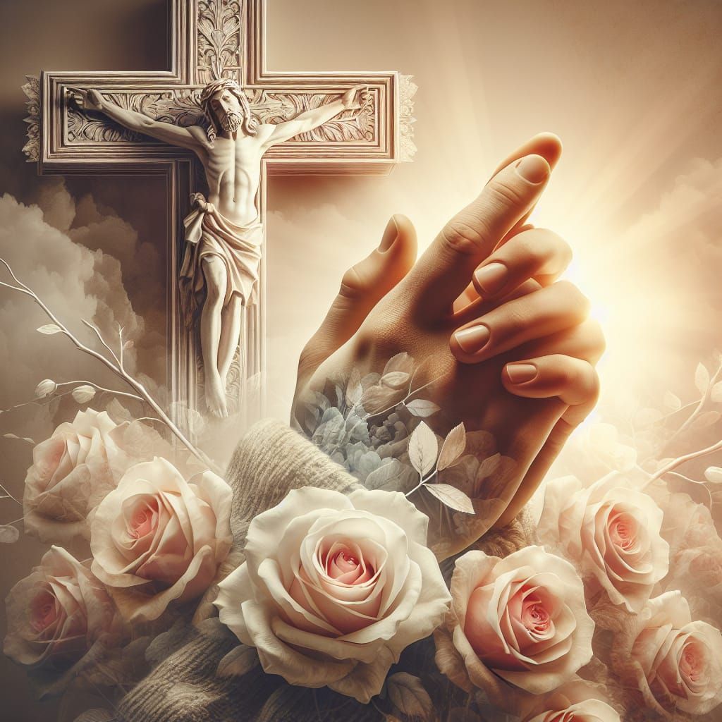 a hyperrealistic double exposure of praying hands with a det...