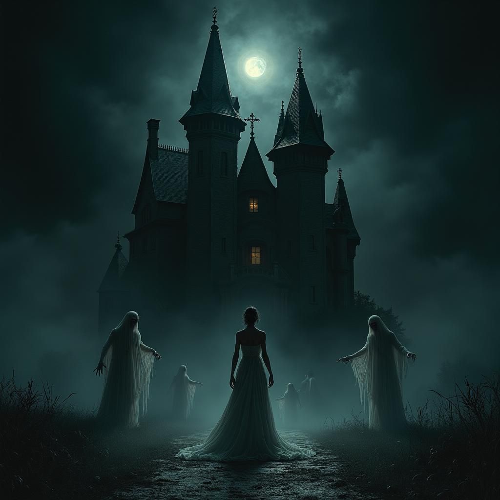 Haunted House Spectres Grabbing Woman in Gothic Horror