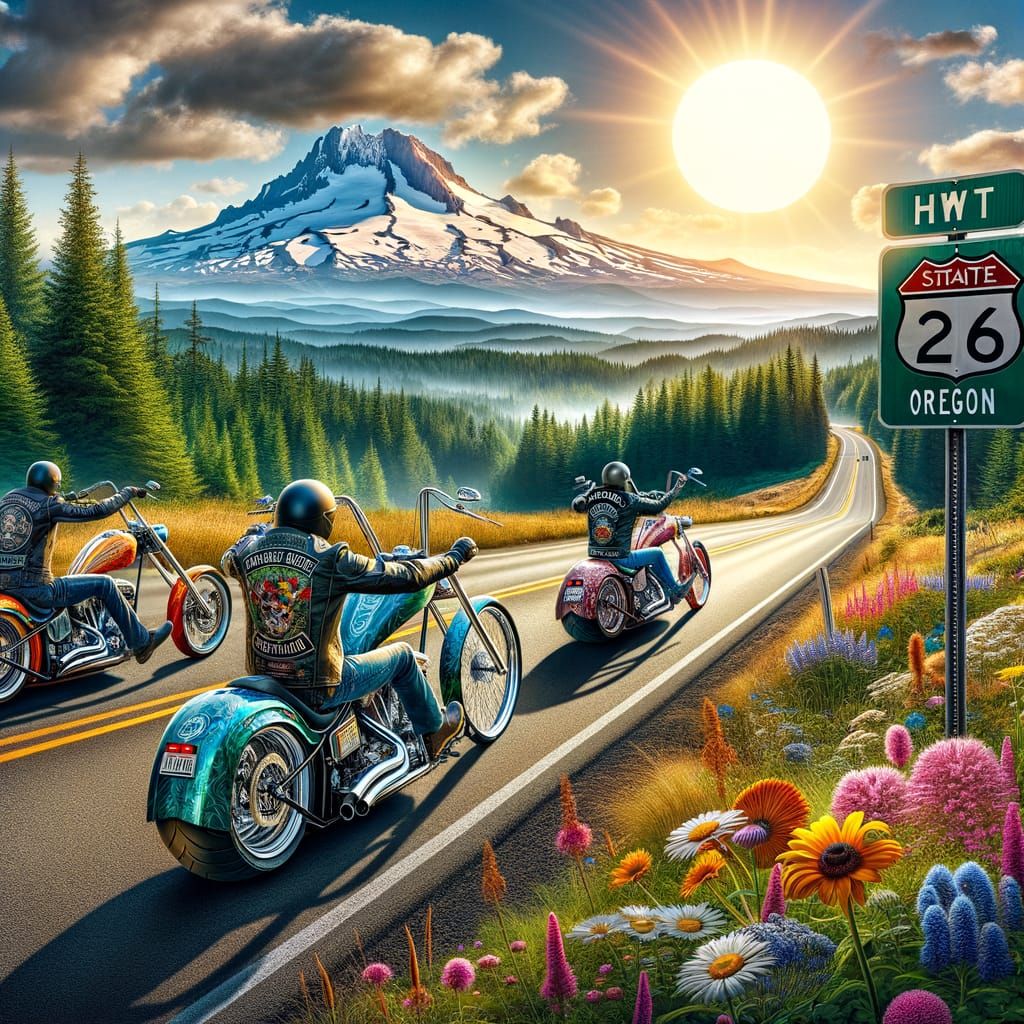 Custom Chopper Bikers on Scenic Country Road with Mt. Hood
