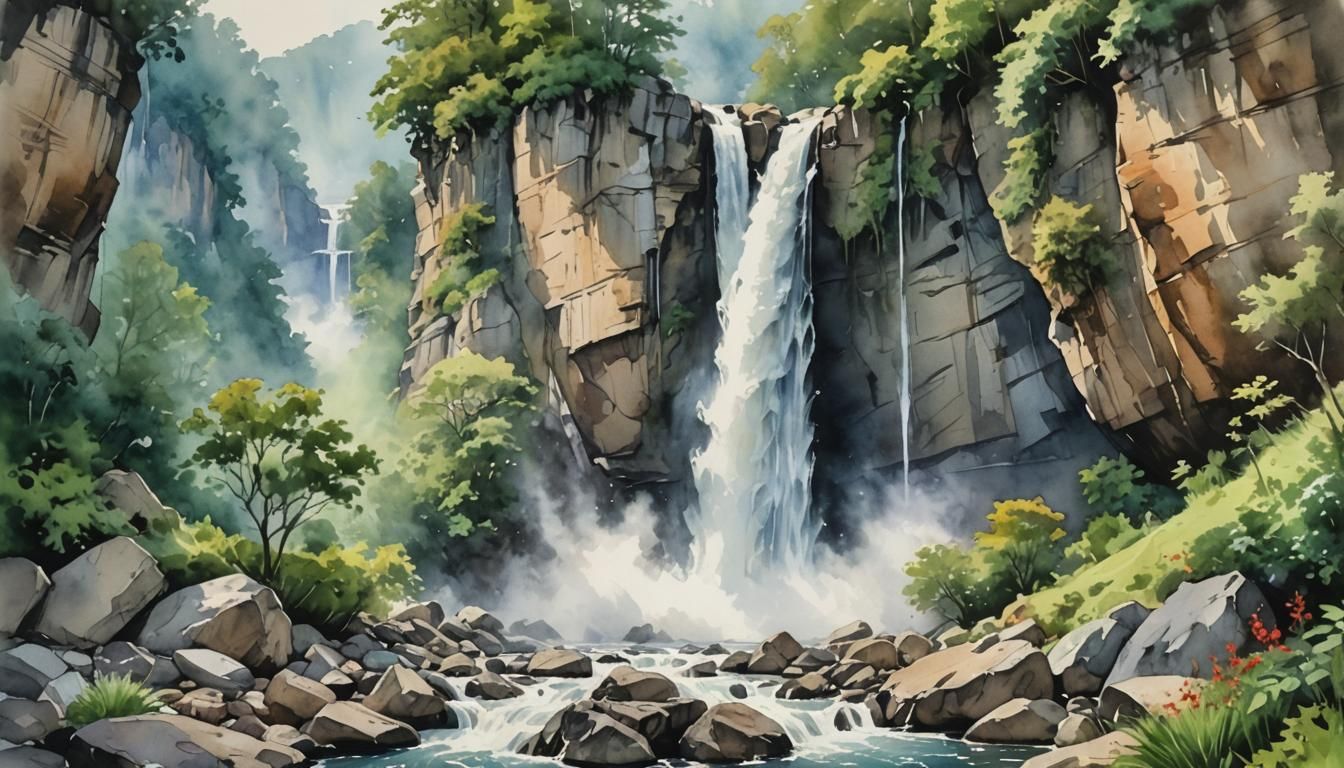 Majestic Waterfall in Watercolor