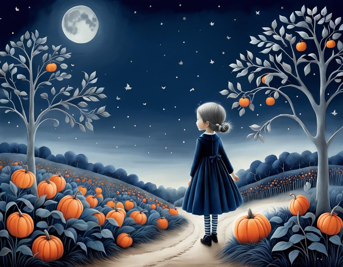 Magical Pumpkin Patch in Moonlight Illustration