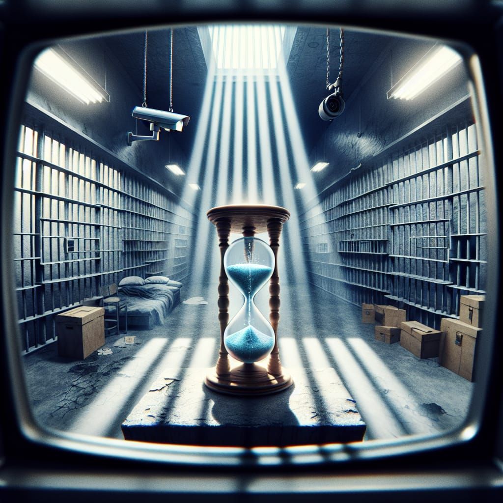 Frozen Hourglass in Jail Cell: Suspenseful Still Life