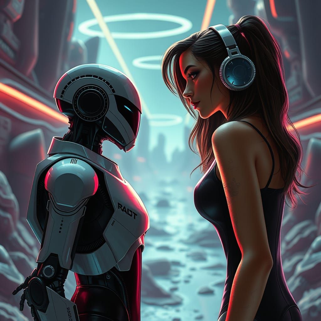 Futuristic Woman and Robot in Cyberpunk Landscape