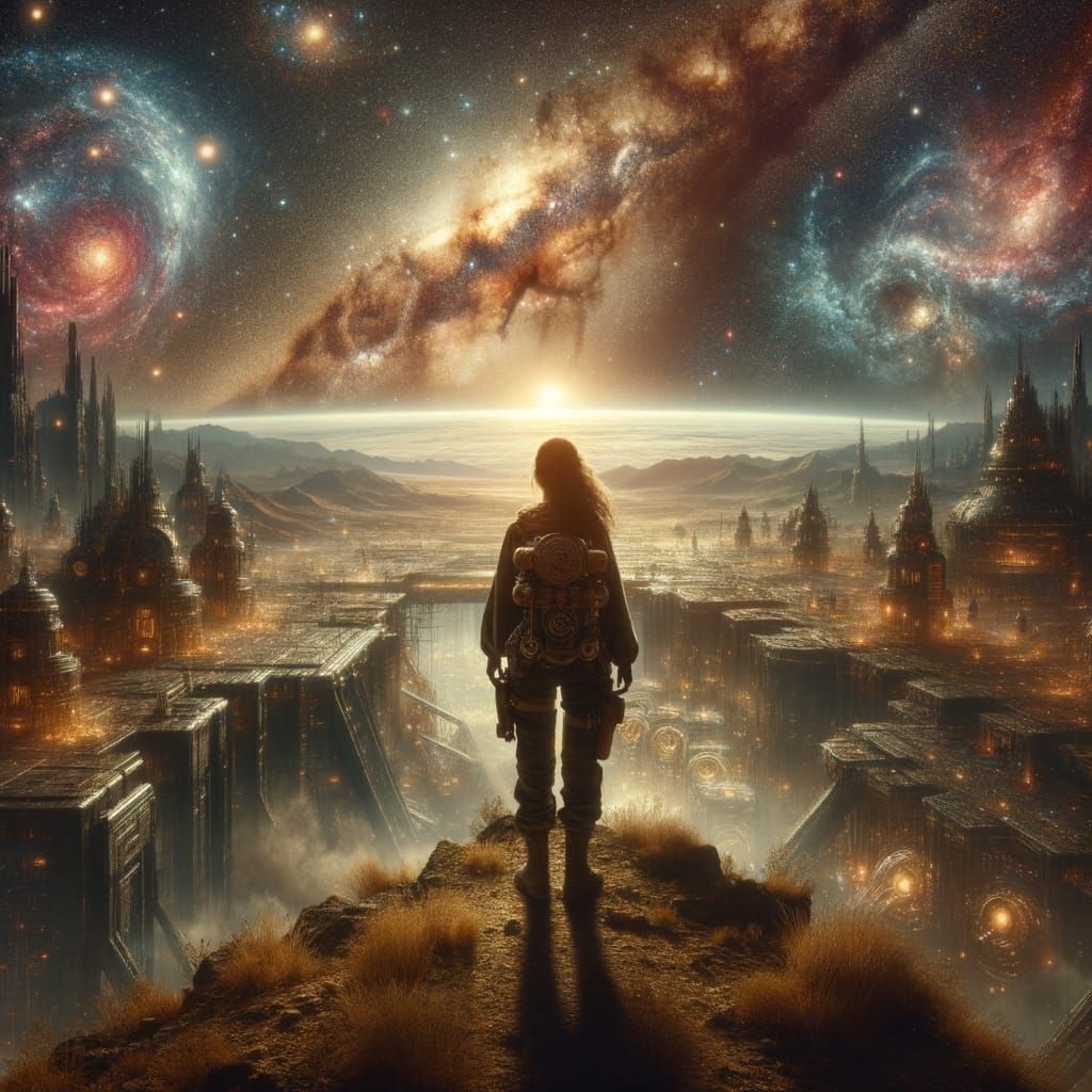 Explorer Overlooking Cosmic Steampunk City