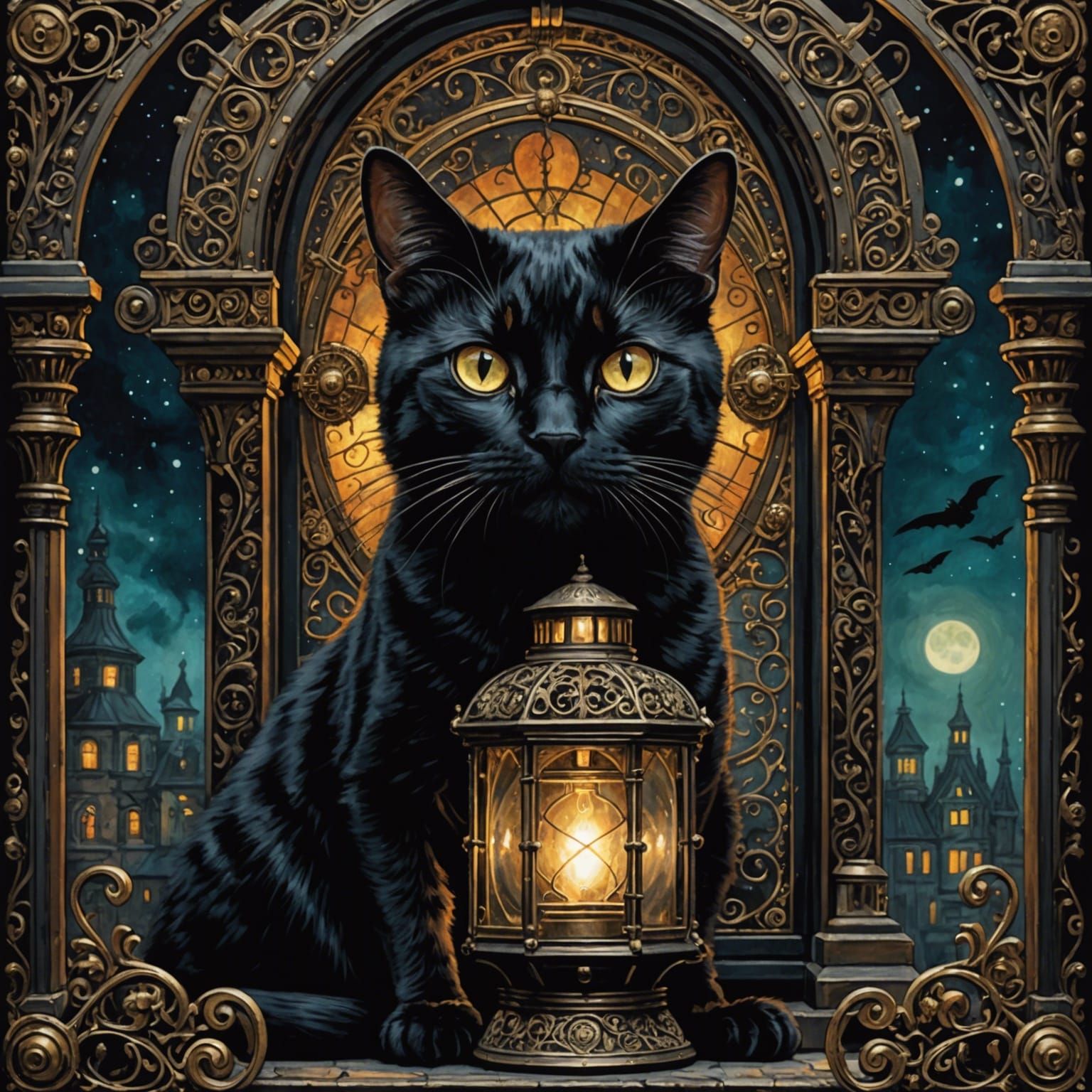Steampunk Lantern Cat Mixed Media Collage
