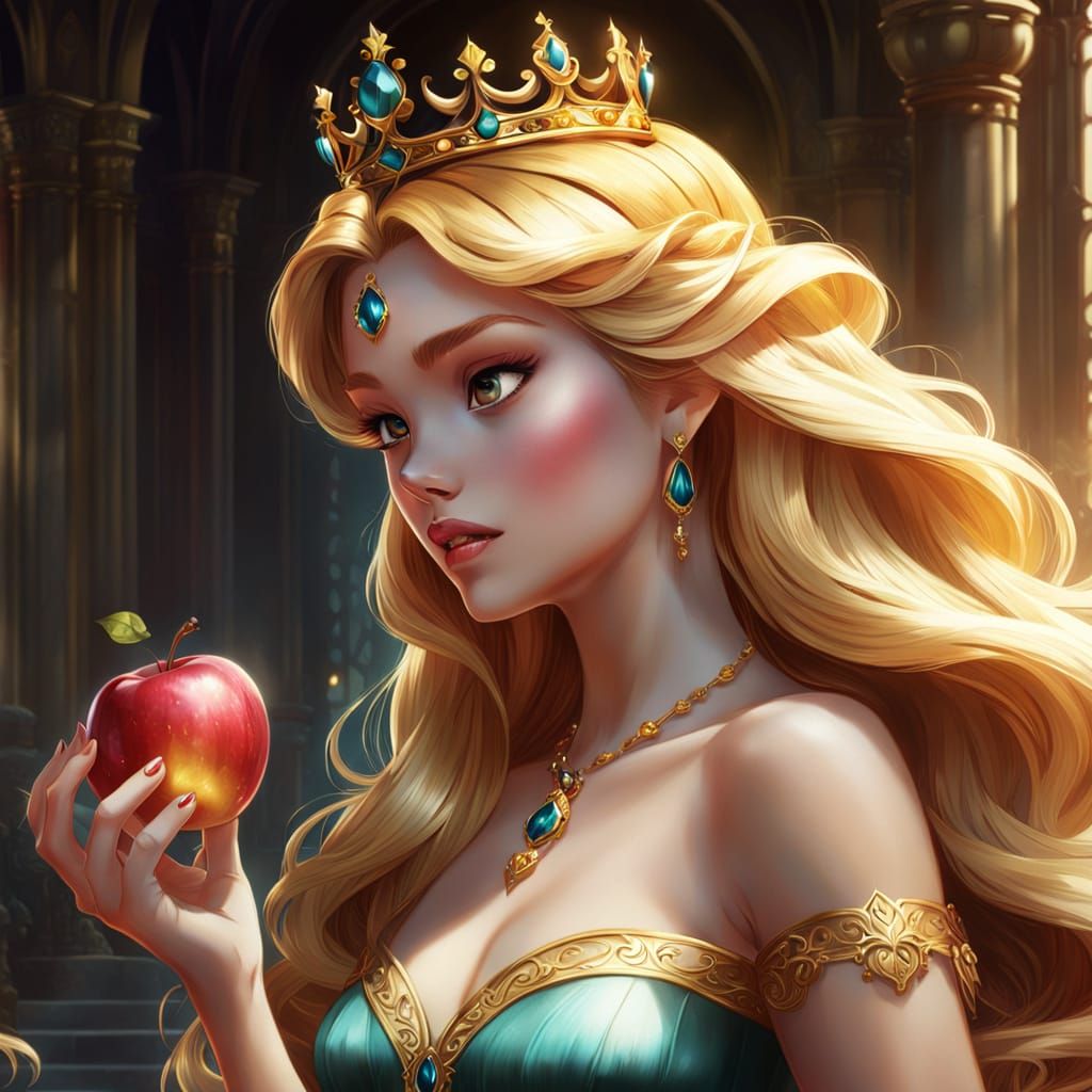 Disney Princess Eating Poisoned Apple in Fairytale Art Style