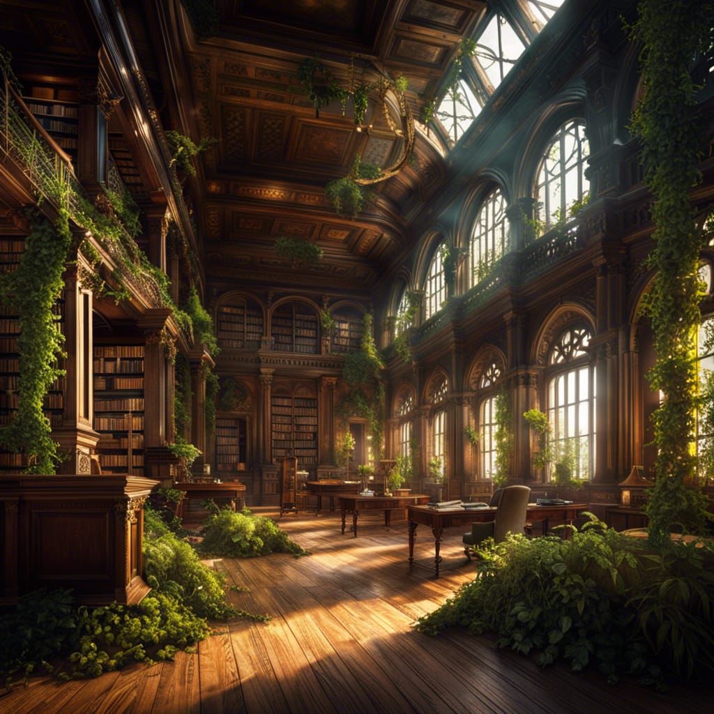 Overgrown Deserted Library Interior: Digital Matte Painting