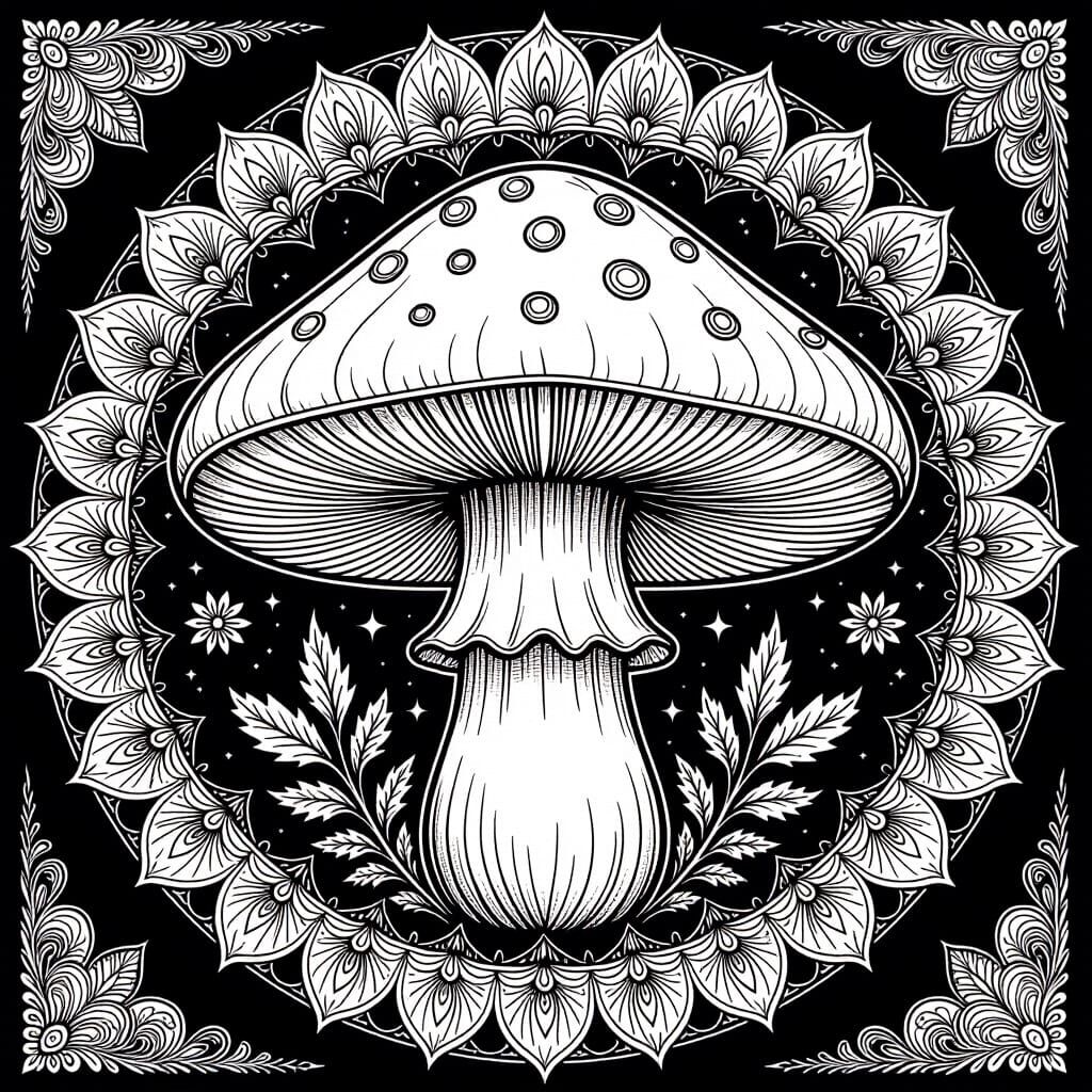 Mushroom Mandala Coloring Page in Graphic Style