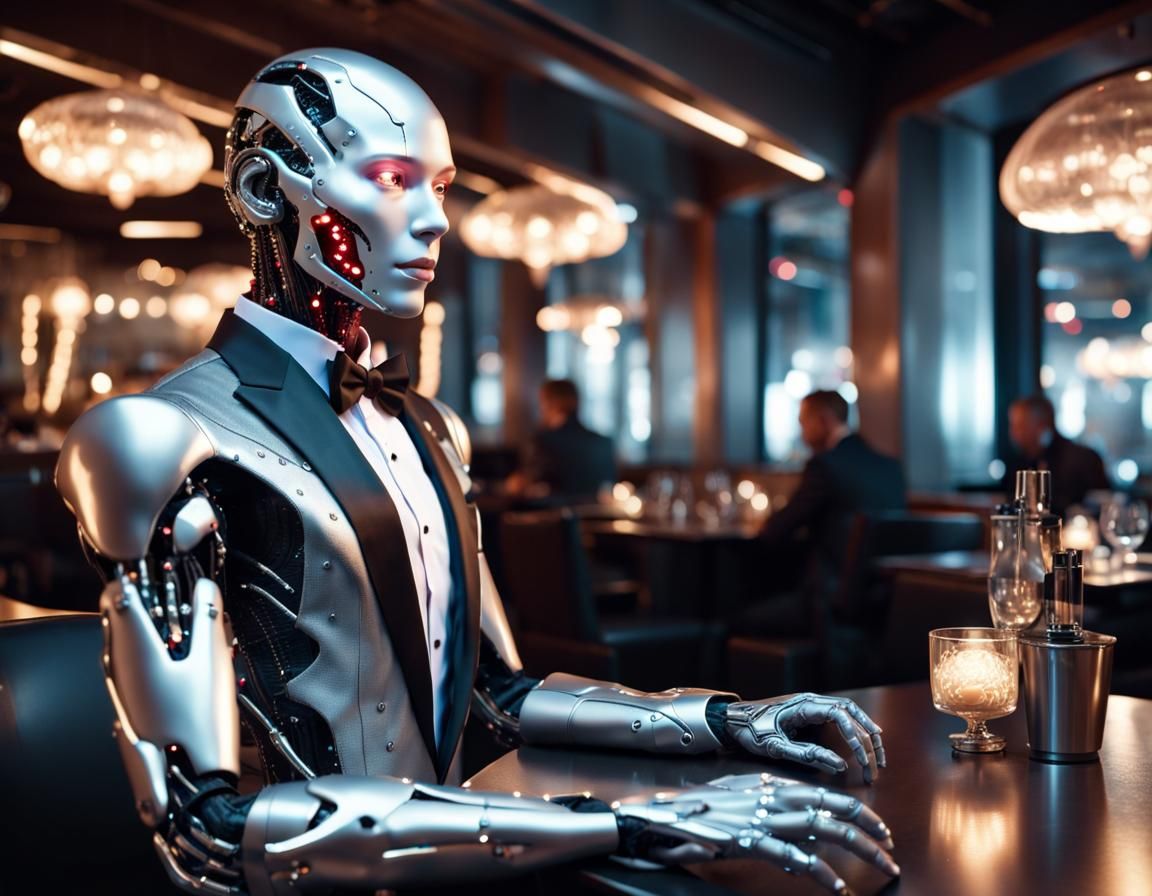 Cyborg Butler Serving Guest in Futuristic Restaurant