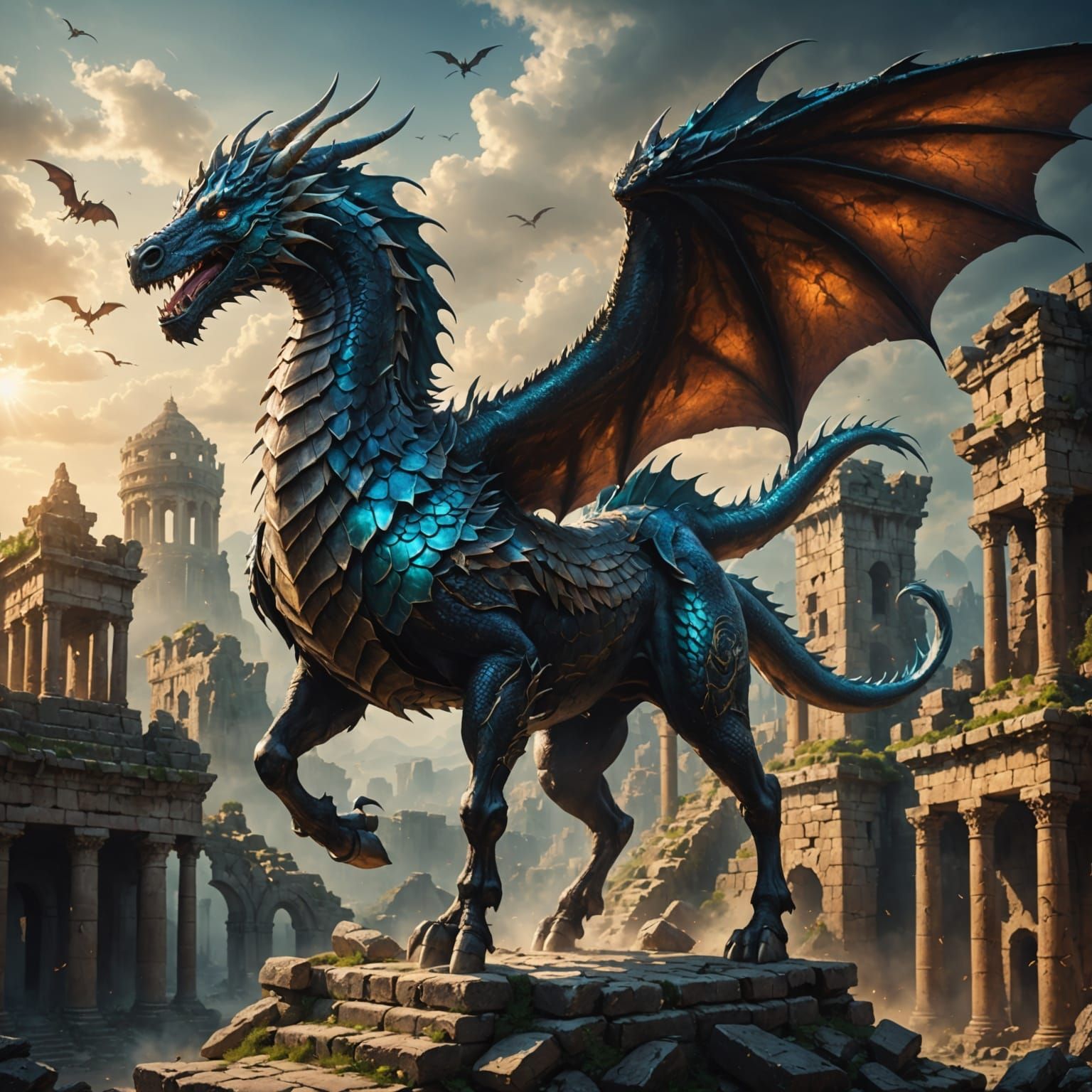 Majestic Dragon-Horse Hybrid Soars Above Ancient Ruins in Dr...