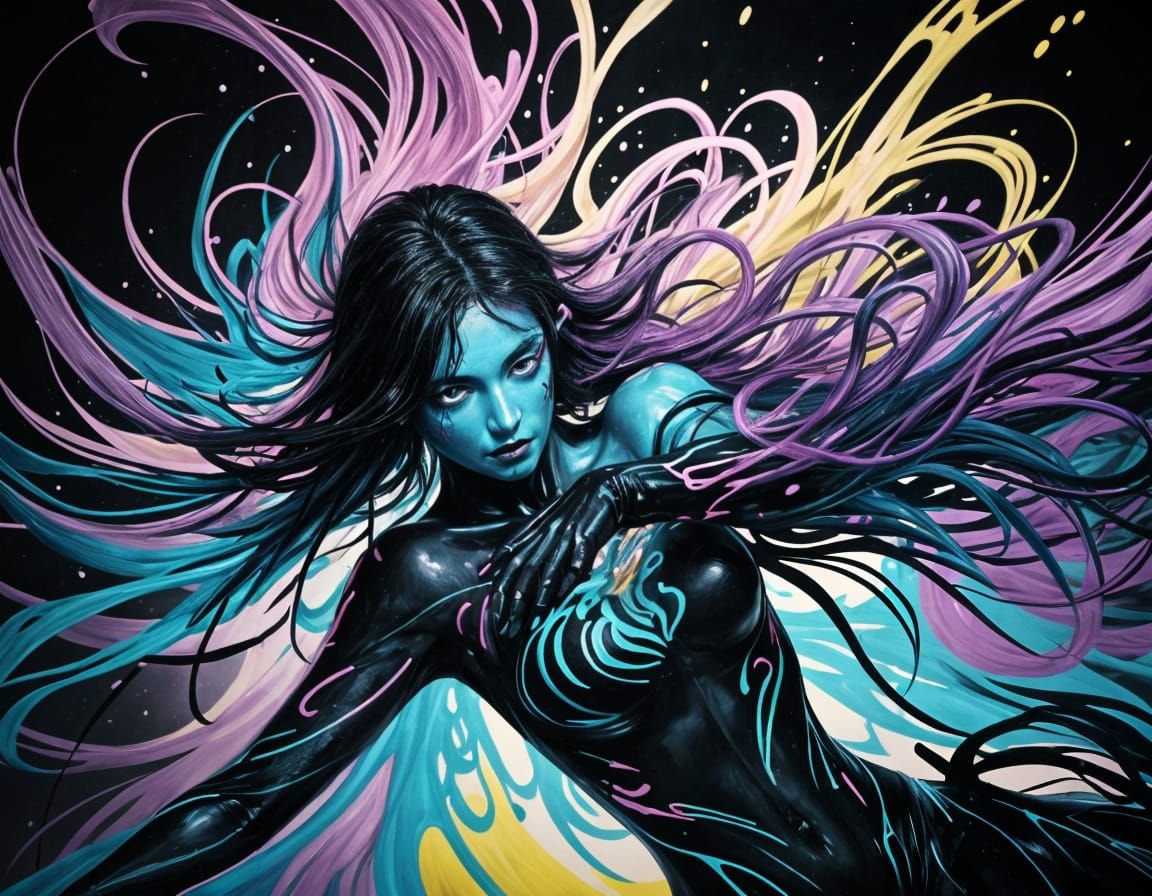 Luminous Woman Emerges: Graffiti Style Digital Art